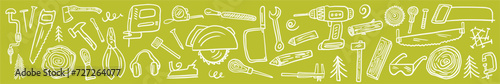 Vector horizontal pattern from a collection of hand-drawn carpentry tools in the doodle style