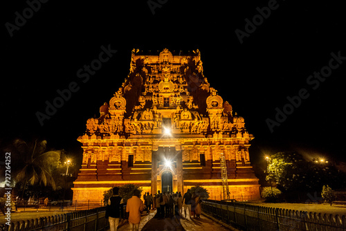 Night Time with Lightning - Tanjore Big Temple or Brihadeshwara Temple was built by King Raja Raja Cholan, Tamil Nadu. It is the very oldest & tallest temple in India. This is UNESCO's Heritage Site. photo