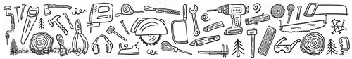 Horizontal illustration of a collection of hand-drawn carpentry tools in the doodle style