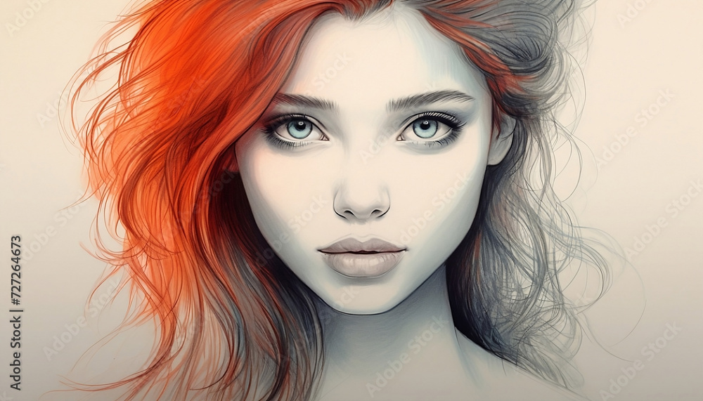 zeichnung, frau, mädchen, schönheit, gesicht, haar, rot, grau, lippen, drawing, woman, girl, beauty, face, hair, red, grey, lips