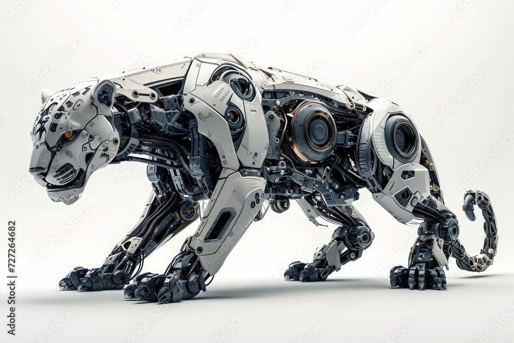 Conceptual image of a cybernetically enhanced jaguar with robotic limbs and technological upgrades, set against a clean white background Generative AI Conceptual image of a cybernetically enhanced jaguar with robotic limbs and technological upgrades, set against a clean white background Generative AI