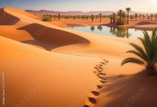Traces of a caravan and a person on the sand in the hot Sahara, an oasis with palm trees and a lake in the background, hot and hot Sahara desert,