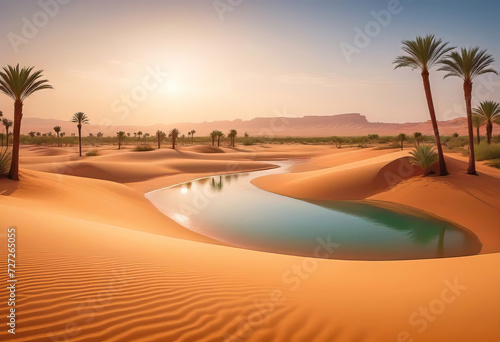 Traces of a caravan and a person on the sand in the hot Sahara  an oasis with palm trees and a lake in the background  hot and hot Sahara desert 