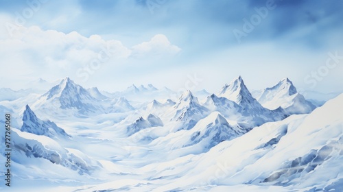 A snowy mountain range against a clear blue sky landscape watercolor Generative AI