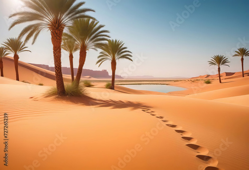 Traces of a caravan and a person on the sand in the hot Sahara  an oasis with palm trees and a lake in the background  hot and hot Sahara desert 