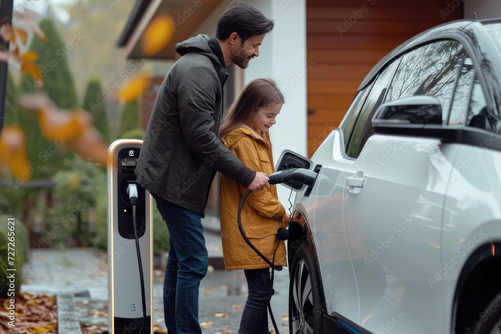 Progressive young parents and daughter with electric vehicle and home charging station. Green and clean energy from electric vehicles for healthy environment. Eco power from renewable source at home..