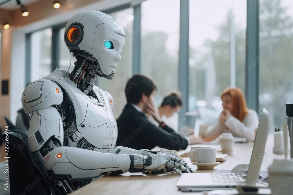 An efficient AI robot works in an office and there is a scene of a group of lazy employees taking a coffee break.
