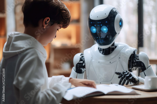 A Boy studies with the help of a Robot Teacher. Robot and Human Collaboration Concept. photo