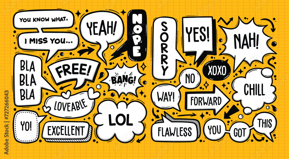 Speech Bubbles Hand Drawn Coloring Vector.with yellow background.vector illistation.
