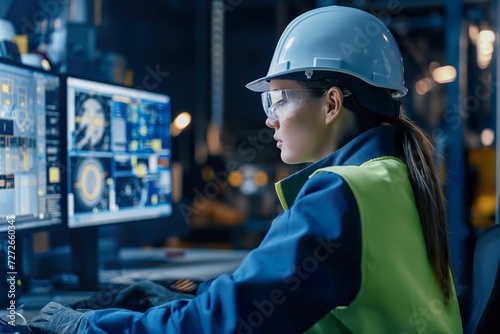 Female engineer works in the control post of a power plant, monitoring the safety of the plant. photo