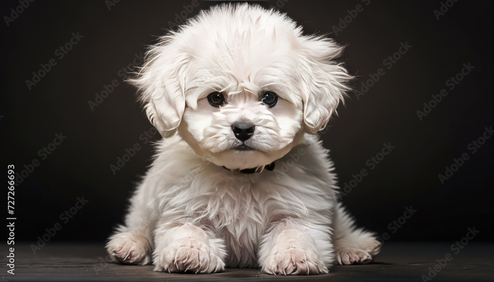 Obraz premium Studio portrait of a cute Maltese puppy white Havanese puppy is sitting on a wooden floor in front of a black background