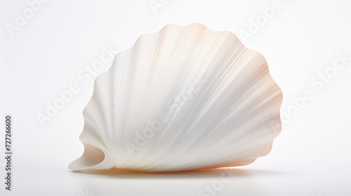 A close-up shot of a white seashell against a spotless white background