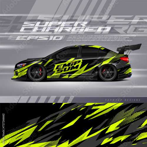 Racing car wrap design vector. Graphic abstract stripe racing background kit designs for wrap vehicle, race car, rally, adventure and livery