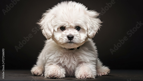 Studio portrait of a cute Maltese puppy white Havanese puppy is sitting on a wooden floor in front of a black background