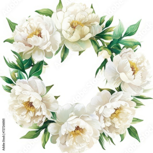 Cute White Peony Flower Wreath Clipart, watercolor painting, minimal hand drawn style, textured, vector, white background, no background, 32k uhd, isolated, ultra high detailed © Bi
