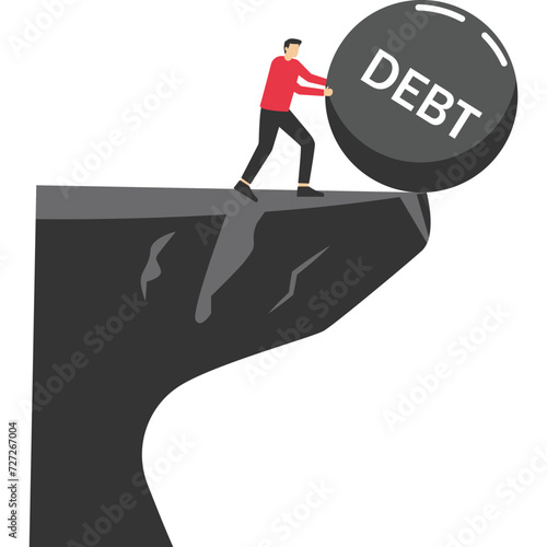 a businessman who destroys debt balls. Struggles to be debt free. Debt and credit, Struggle for your business, Debt settlement business concept