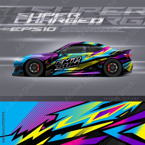 Racing car wrap design vector. Graphic abstract stripe racing background kit designs for wrap vehicle, race car, rally, adventure and livery