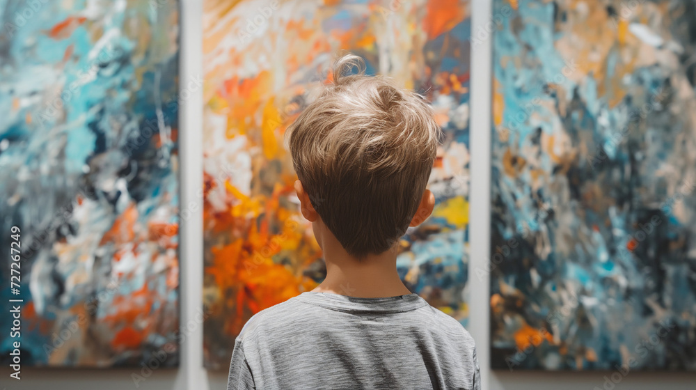 Young Boy Observing Paintings in Art Gallery Young Boy Observing Paintings in Art Gallery