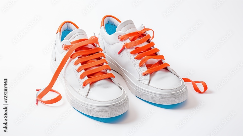 A pair of white sports shoes with vibrant laces against a spotless white background A pair of white sports shoes with vibrant laces against a spotless white background