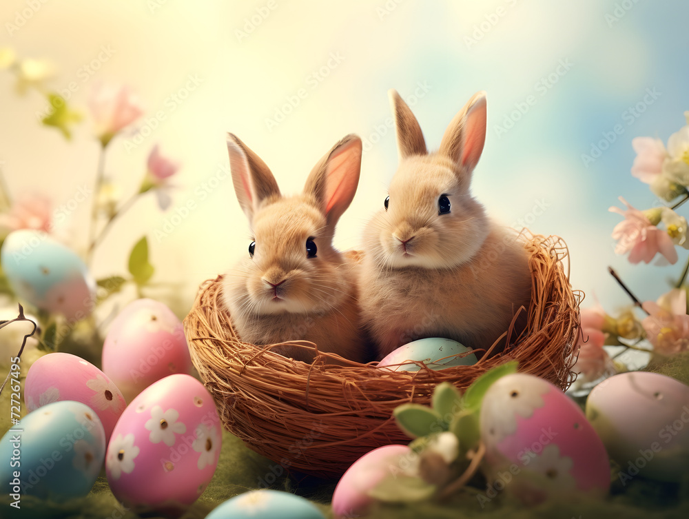 Easter background with cute bunnies Easter background with cute bunnies