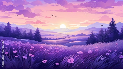 A tranquil, misty morning in a lavender field. vector cartoon graphic Generative AI