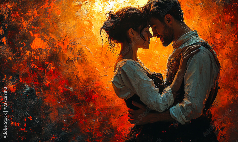 Silhouette of a Passionate Couple Embracing Against a Fiery Backdrop, Symbolizing Intense Love and Romance Amidst the Flames of Desire