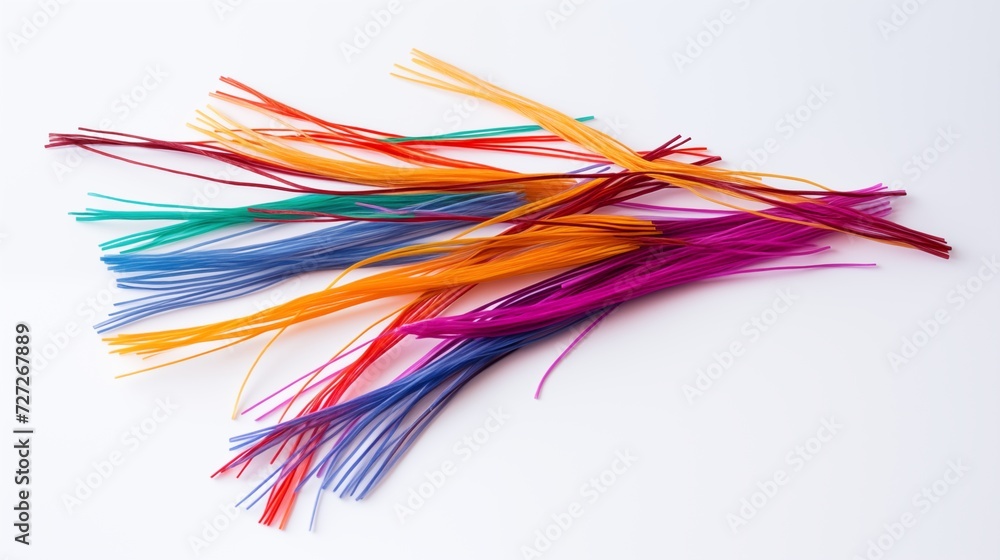 A set of colorful kite strings neatly coiled on a clean pure spotless white background