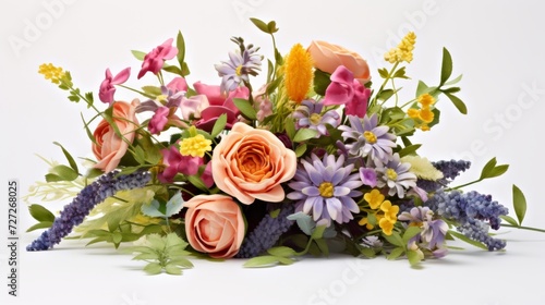 A vibrant bouquet of assorted flowers arranged elegantly on a white background, with ample space for personalized messages or text. Generative AI