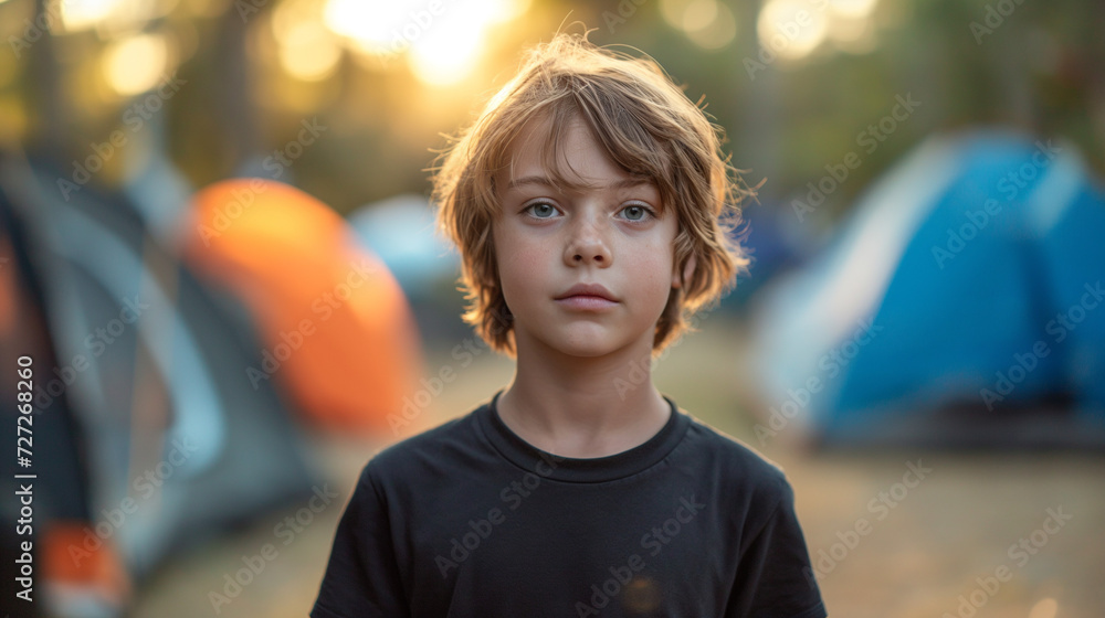 Young Boy Standing in Front of Group of Tents