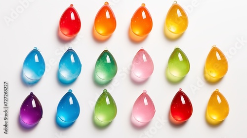 A set of colorful water balloons arranged neatly on a white surface