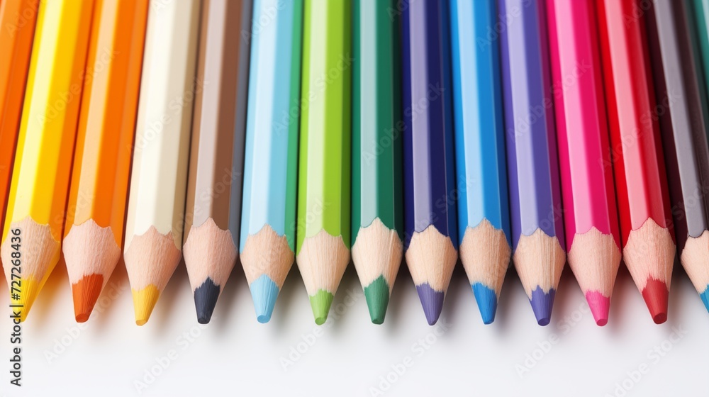 A set of different colored pencils neatly arranged on a white sheet A set of different colored pencils neatly arranged on a white sheet