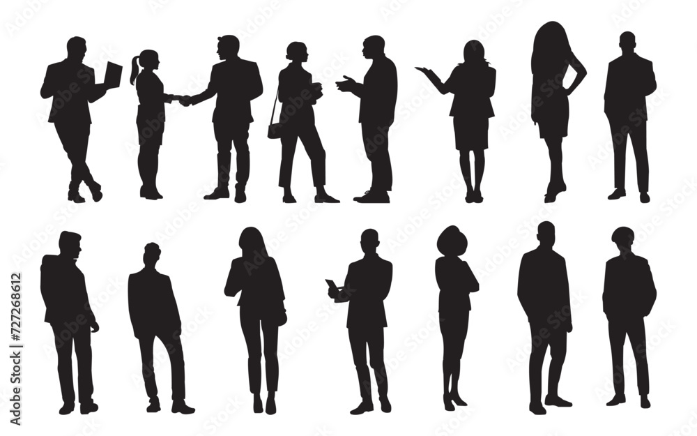 people working group of standing business people vector silhouettes of illustration on isolated white background.
