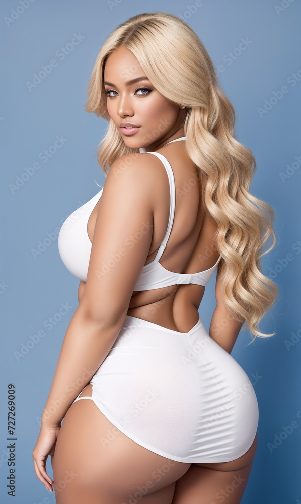 Beauty curve plus size fat black woman in a white mini dress on a blue background.Long blonde hair.Digital creative designer fashion art. Beauty curve plus size fat black woman in a white mini dress on a blue background.Long blonde hair.Digital creative designer fashion art.
