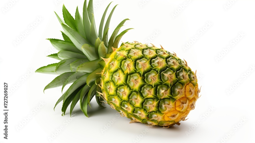 A single ripe pineapple with green leaves isolated against a clean pure spotless white background A single ripe pineapple with green leaves isolated against a clean pure spotless white background