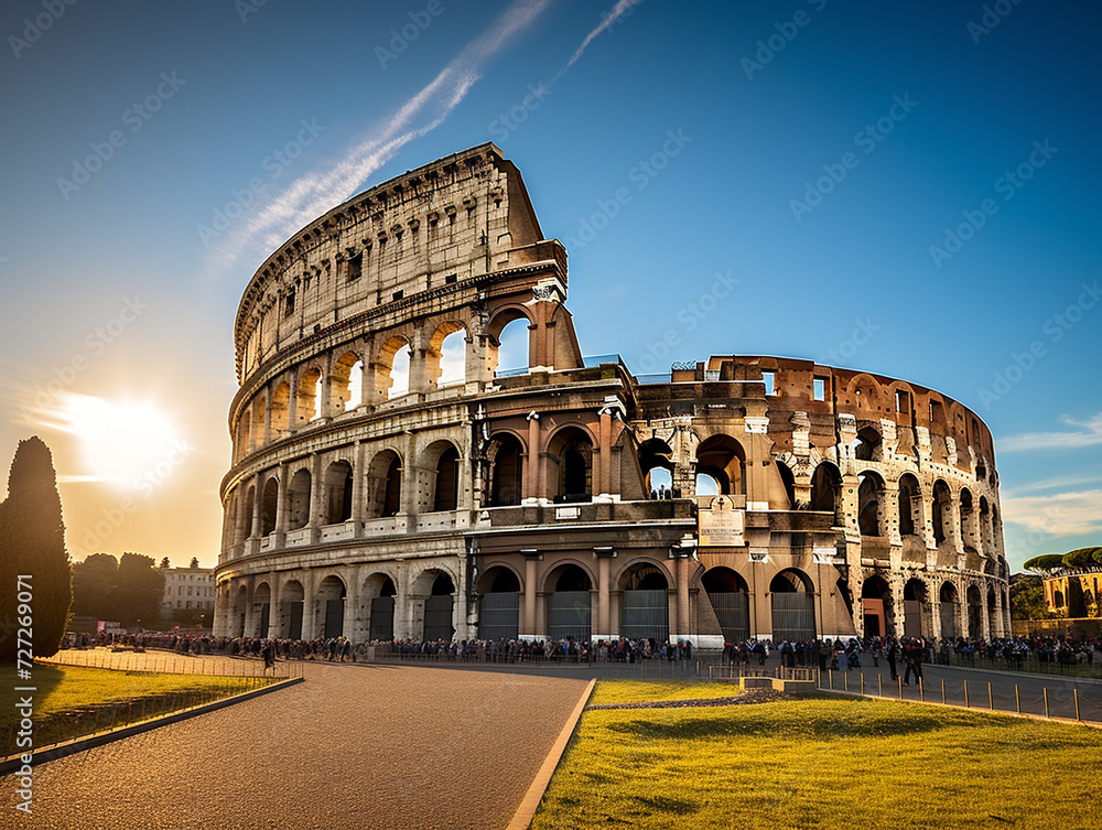 An aerial view of the iconic Colosseum in Rome, Italy, highlighting its impressive ancient architecture.