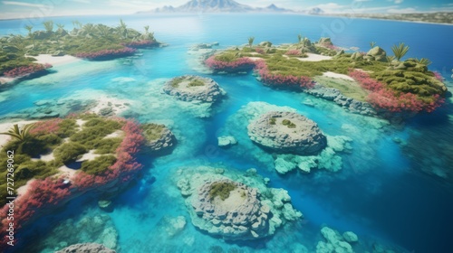An aerial perspective capturing an unspoiled tropical island landscape, where palm-fringed shores meet sparkling waters dotted with colorful coral reefs Generative AI
