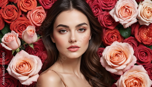 A close-up image capturing a young womans face surrounded by delicate pink roses, highlighting her natural beauty and the softness of the flowers