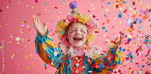 Child in a clown costume in the air with confetti. The concept of celebration and fun.