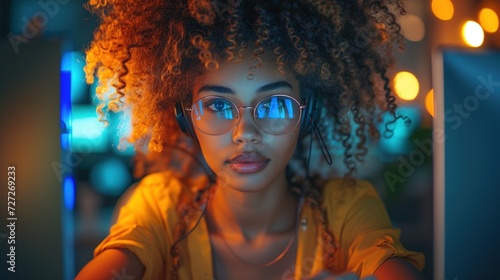 Young afro woman is working in front of the computer screen