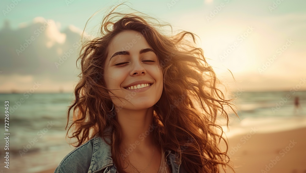 Smiling woman on the beach. The concept of happiness and summer relaxation. Smiling woman on the beach. The concept of happiness and summer relaxation.