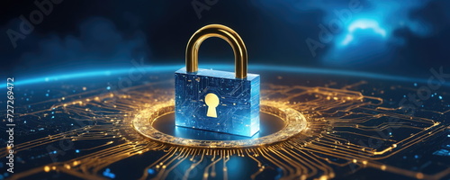 A luminous gold blue glowing padlock icon centered on a circuitry-patterned surface, representing the concept of digital security and data protection in the technological realm