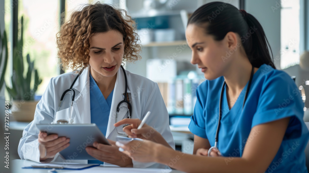 two female healthcare professionals are looking at a tablet two female healthcare professionals are looking at a tablet