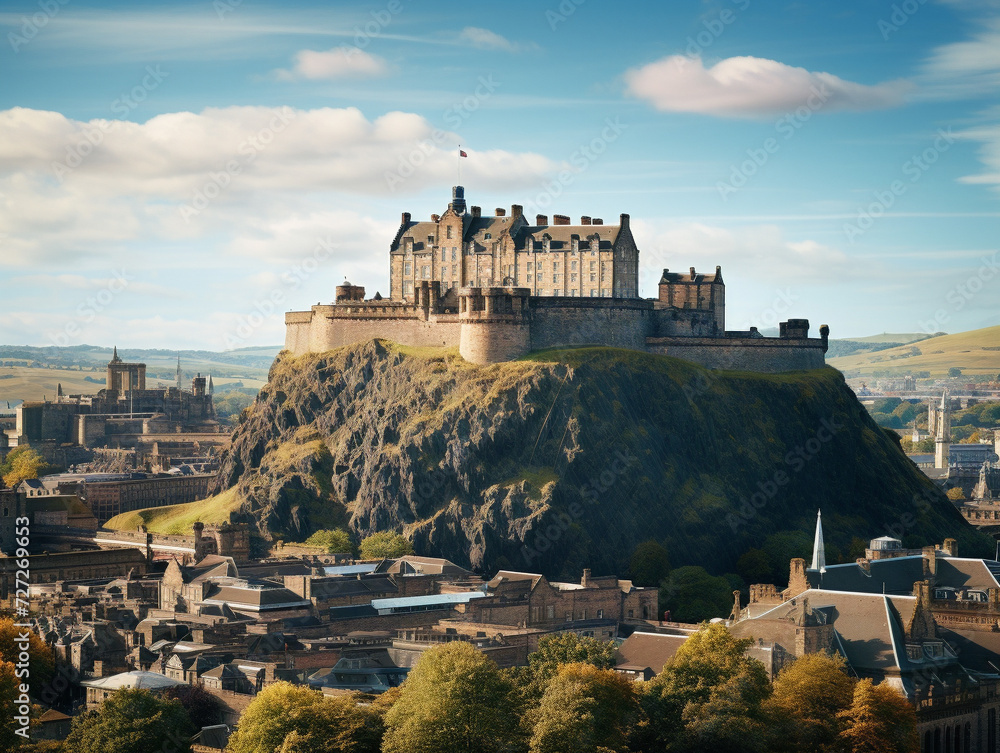 Imposing Edinburgh Castle stands proudly atop a hill, overlooking the picturesque cityscape of Scotland.