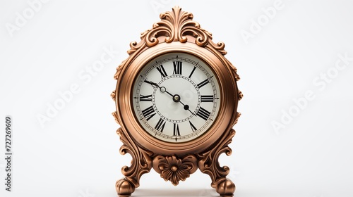 A single vintage clock with intricate details positioned on a clean pure spotless white background