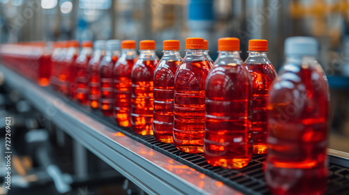 Line of Bottles Filled With Liquid on Conveyor Belt
