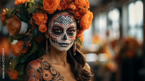 Colorful Skull Next to Camera, Artistic and Vibrant Composition, Day Of The Dead