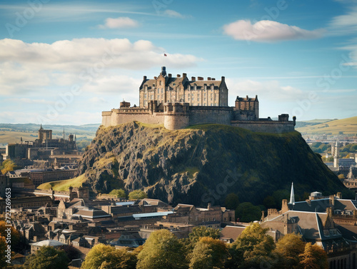 Imposing Edinburgh Castle stands proudly atop a hill, overlooking the picturesque cityscape of Scotland. photo