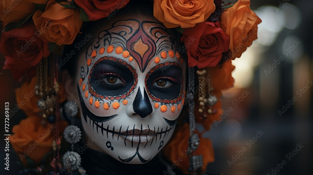Woman With Skeleton Makeup and Flowers in Hair, Day Of The Dead