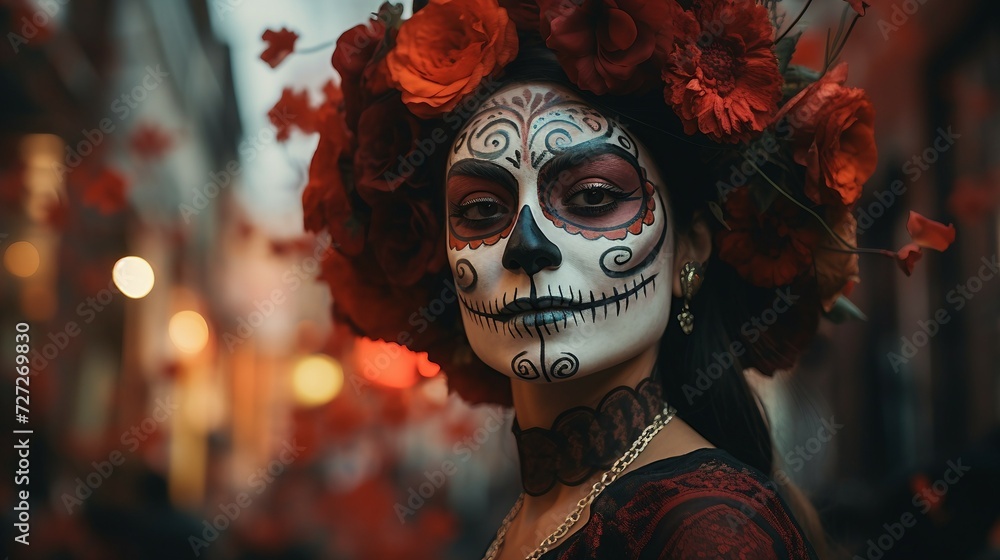 Woman With White Skeleton Face Paint - Halloween Makeup Inspired Look, Day Of The Dead