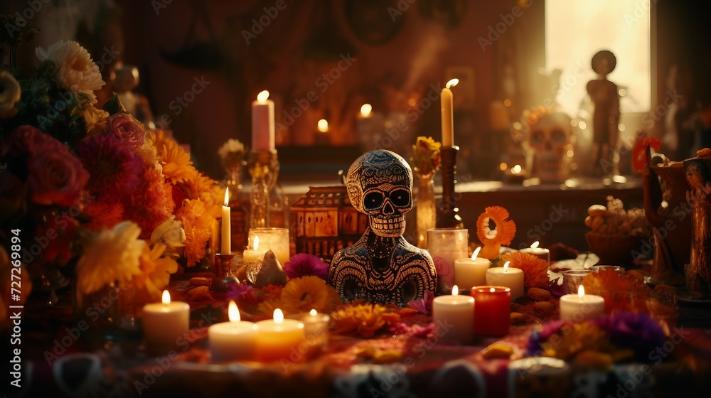 Woman Sitting at a Table With Candles, Enjoying a Peaceful Evening, Day Of The Dead